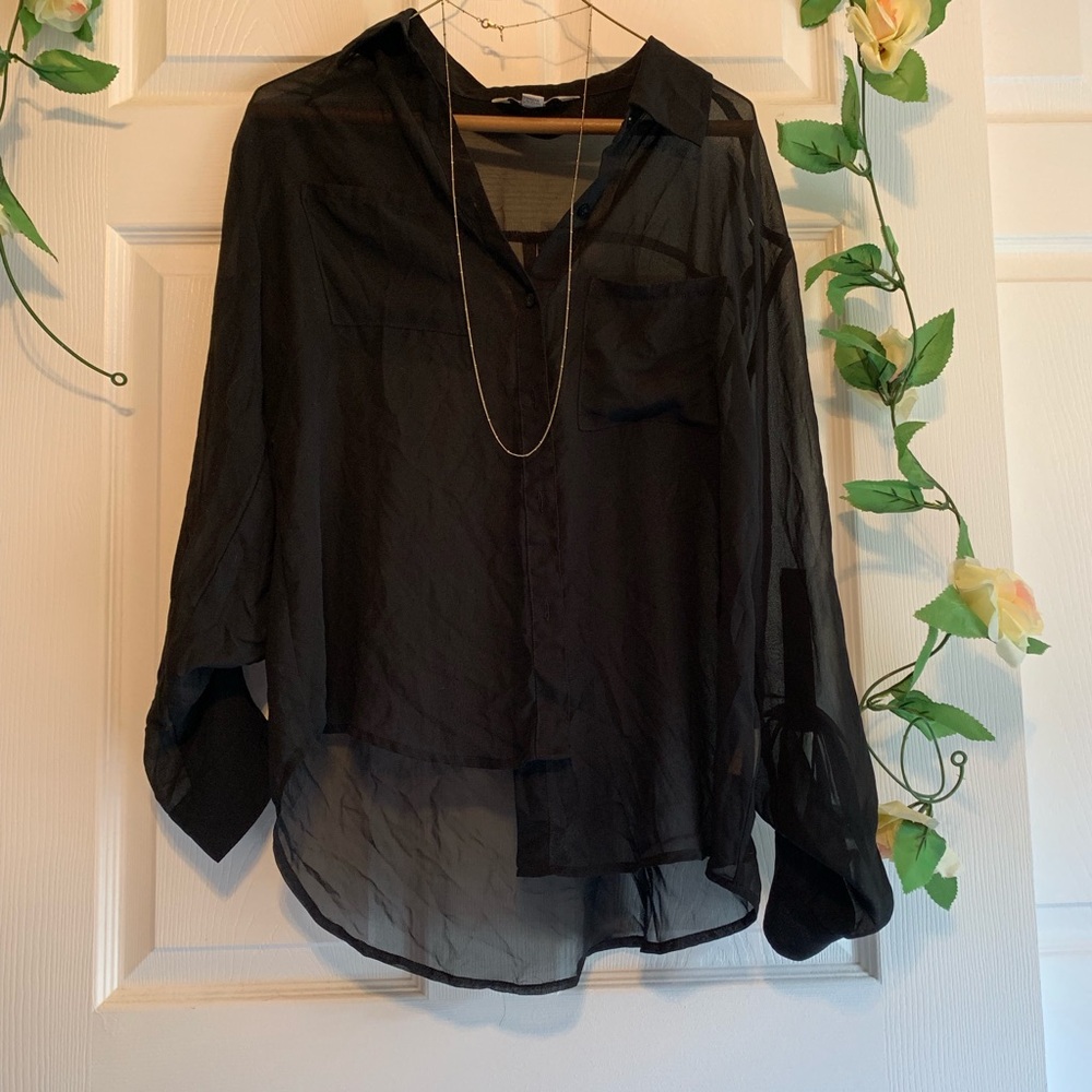 Sheer Black Button-Up Top - 3/4 Sleeves